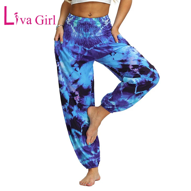 

LIVA GIRL Blue Boho Tie-dye Print Pants Woman Casual Loose Hippy Harem High Waist Trousers Female Multicolor Long Pant Bottoms