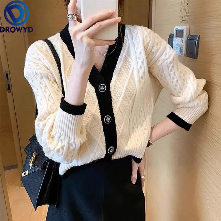 

Fashion V-neck Knitted Cardigan Women 2021 Spring and Autumn New Retro Style Contrast Color Loose Outer Sweater Jacket Coat Top