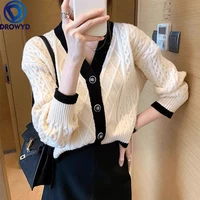 fashion v neck knitted cardigan women 2021 spring and autumn new retro style contrast color loose outer sweater jacket coat top