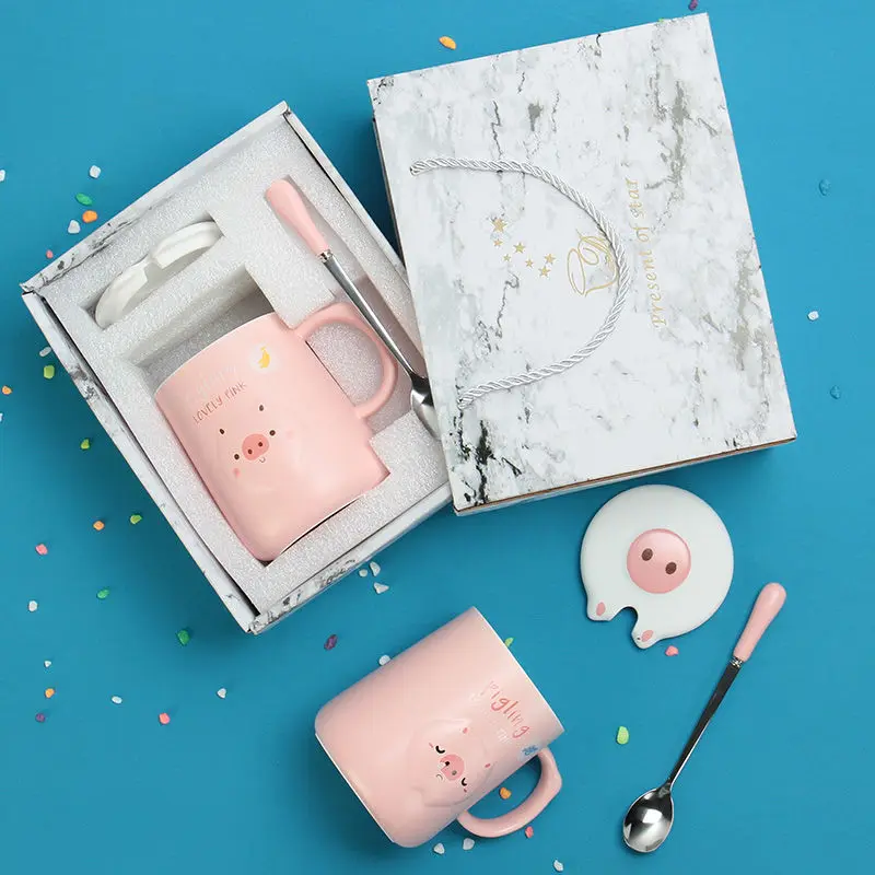 Кружка чашка Корейская керамическая с крышкой ложкой для офиса кофе молоком