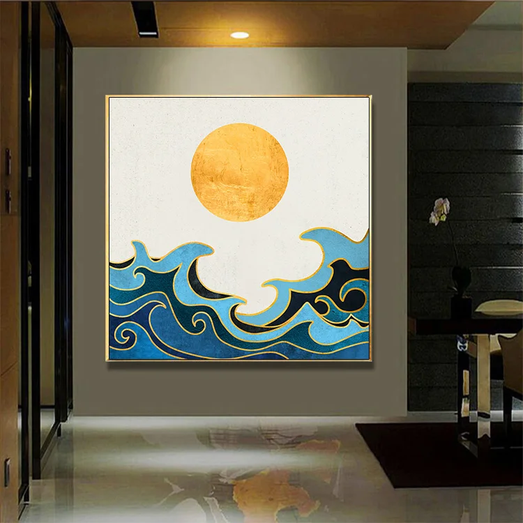 Абстрактная Картина на холсте с изображением утреннего солнца восходящего синей