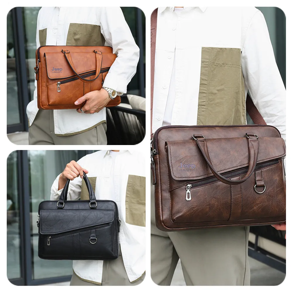 JEEP BULUO New Men Briefcase Split Leather Laptop Bag 14