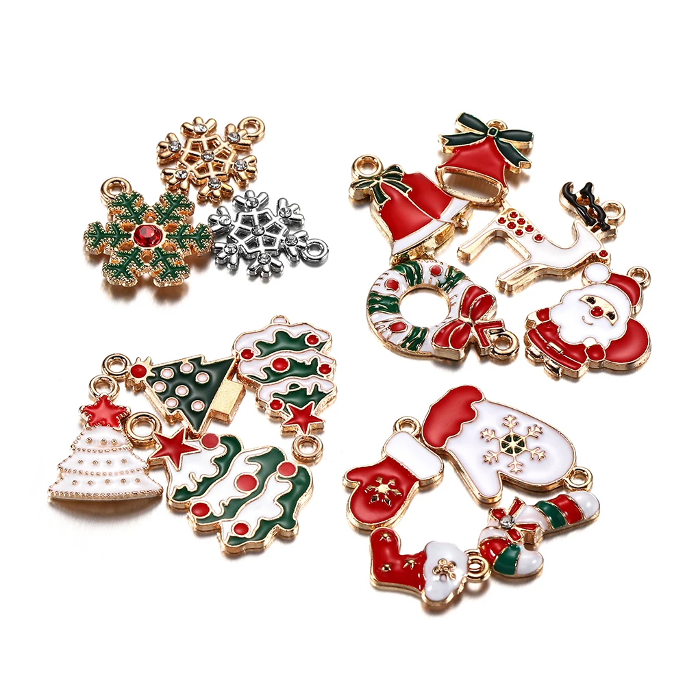 

20 Santa Claus Christmas Charms Snowflake Elk Bell Pendant Enamel Metal Necklace Home Party Decoration Tree Hanging DIY Jewelry