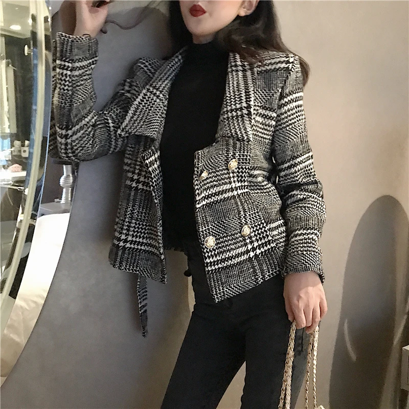 Женский клетчатый твидовый блейзер с отложным воротником двубортный карманами и