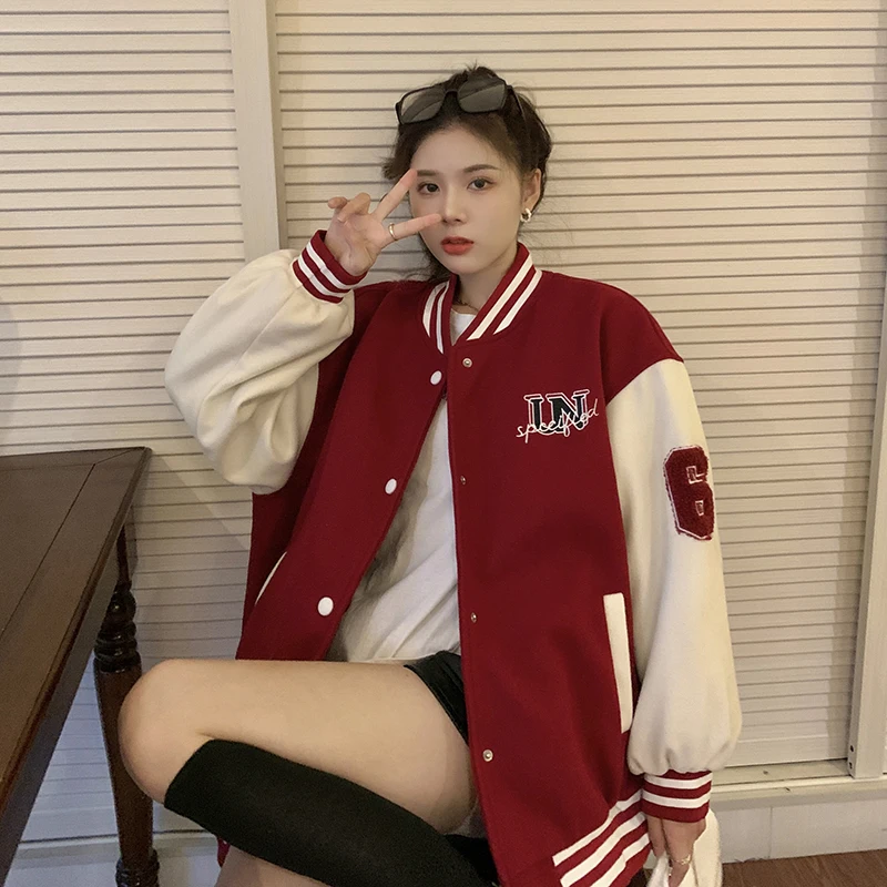 

Oversized Baseball Uniform Women Thick Jackets Autumn Winter Loose Hoodies Pockets Letter Embroidery Casual Buttons Sweatshirts