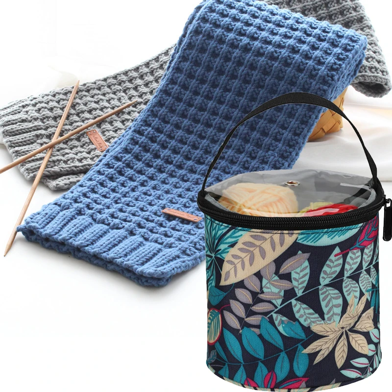 

Woolen Yarn Storage Bag Oxford Cloth Leaf Print Handbag DIY Knitting Sewing Kit Zipper Bucket Bag Sewing Supplies Organizer Hot