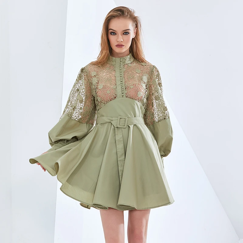 

TWOTWINSTYLE Sexy Patchwork Lace Dress For Women Stand Collar Lantern Sleeve High Waist Hollow Out Midi Dresses Female 2021 New