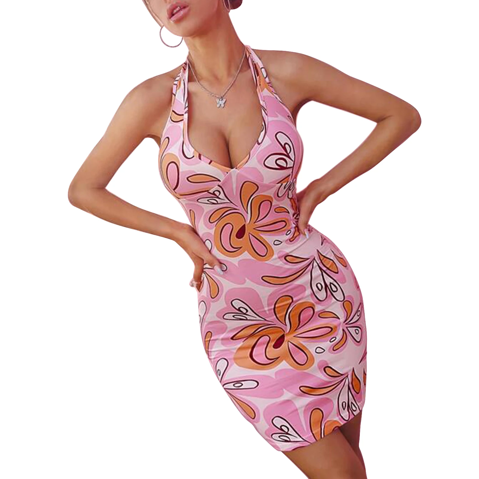 

Женское Короткое облегающее платье с цветочным принтом и открытой спиной