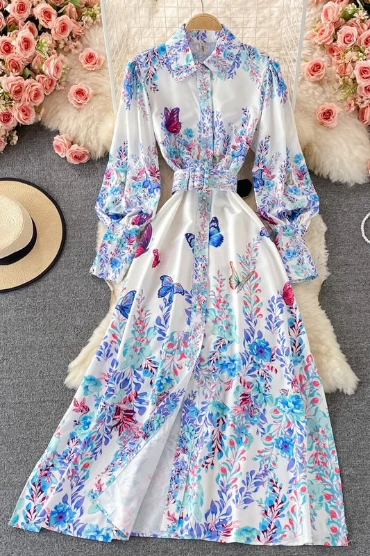 

Women Elegant Celebrity Chic Printed Dress Lady Long Sleeve Lapel Waist Slim Shirt Dress Light Luxury Big Swing Long Dress