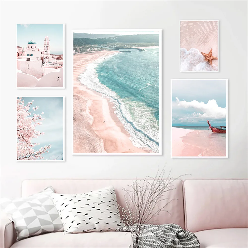 

Pink Beach Blue Sea Starfish Coconut Tree Poster Landscape Wall Art Print Mediterranean Architecture Canvas Painting Home Decor