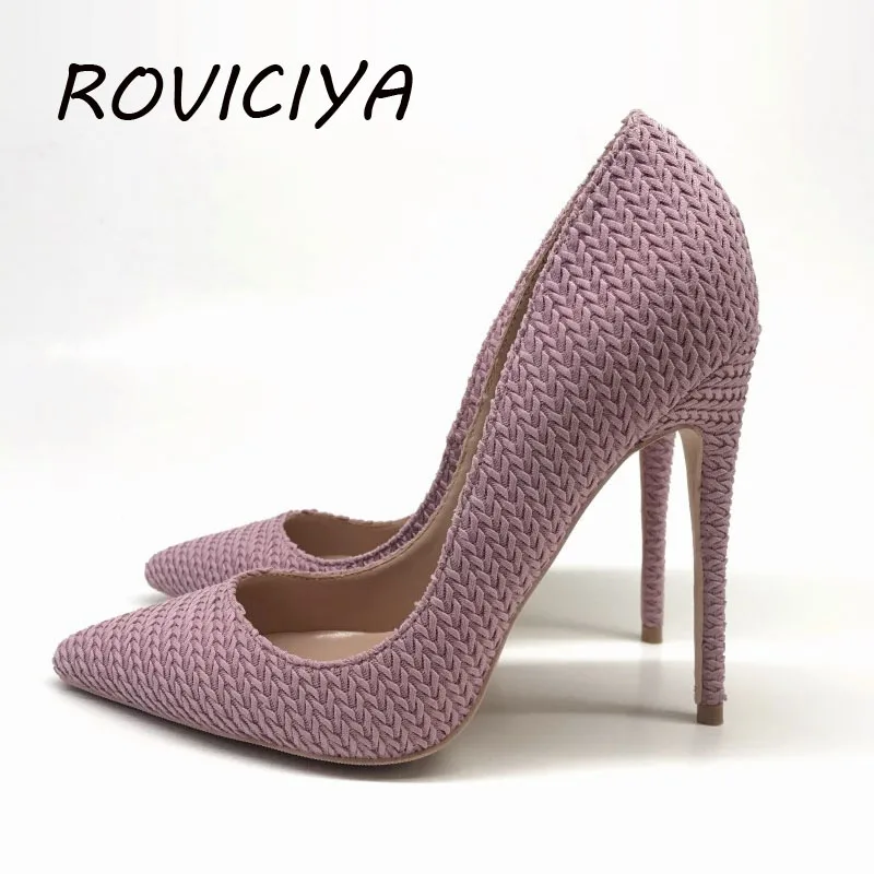 

Pink 12cm high heels sexy knit fashion pointer toe sexy shallow women wedding party evening shoes BM014 ROVICIYA