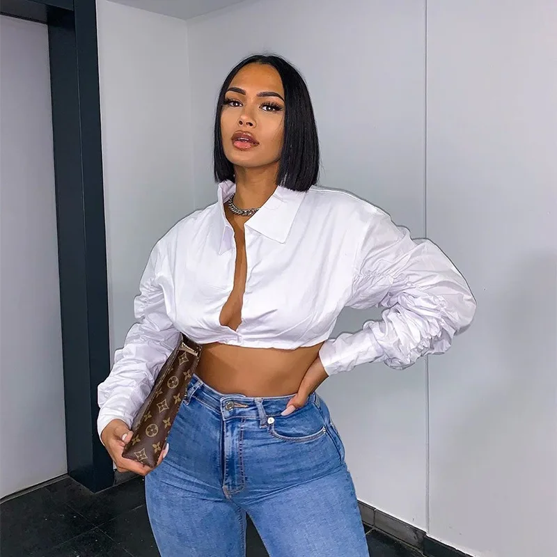 

BKLD 2021 New Harajuku Clothes Sexy Crop Top Fashion Puff Sleeve Turn-Down Collar Solid Color White Short Shirts For Women