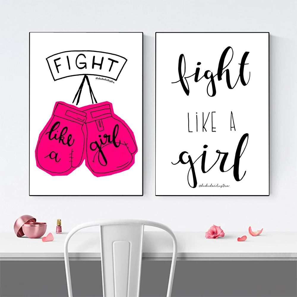 

Fight Like a Girl Quote Art Feminism Canvas Painting on the Wall Posters and Prints Pink Boxing Gloves Canvas Picture Home Decor