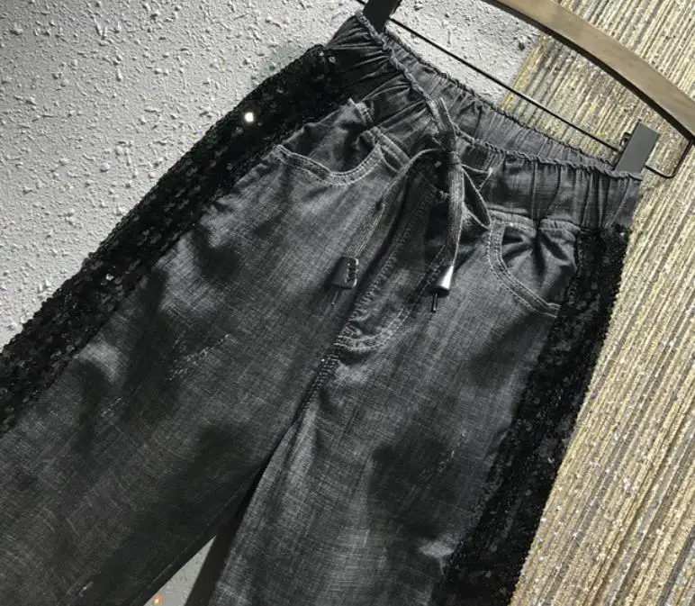 Женские джинсы с блестками повседневные свободные штаны-шаровары эластичной