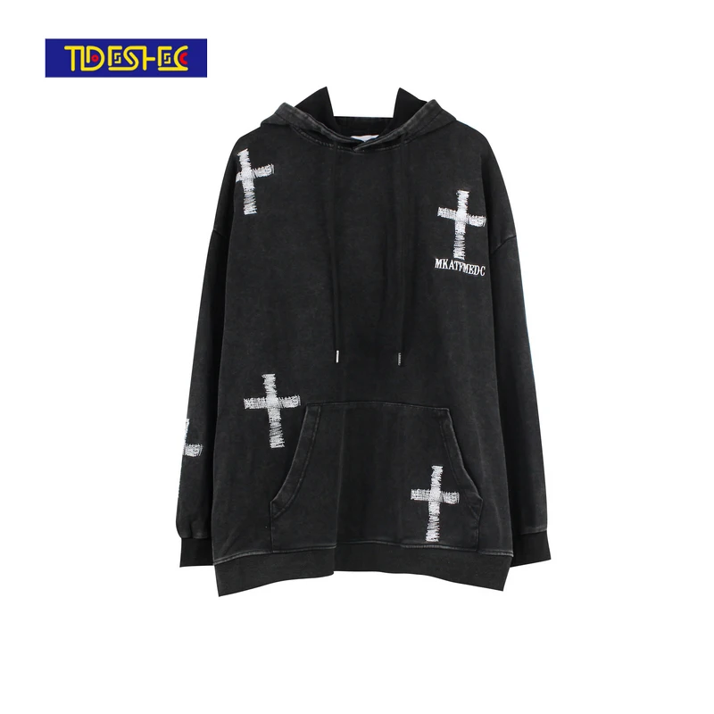 

Tideshec 2021 autumn winter new embroidery cross hooded sweater washed hoodie men's cotton sweater hip-hop streetwear pullover