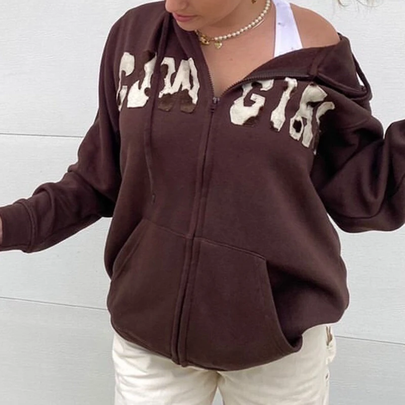 

Women'S Zipper Hoodie Long-Sleeved Letter Pattern Hooded Sweatshirt With Pockets 2021 Loose And Versatile Casual College Style