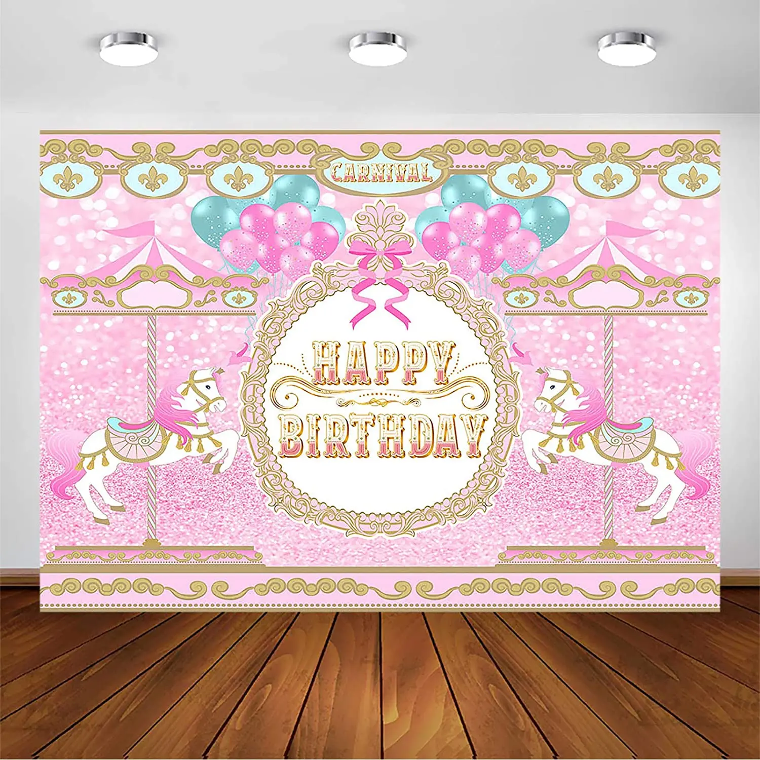 Pink Carousel Birthday Backdrop for Girl Happy Birthday Party Banner Decoration Circus Carnival First 1st Birthday Photoshoot