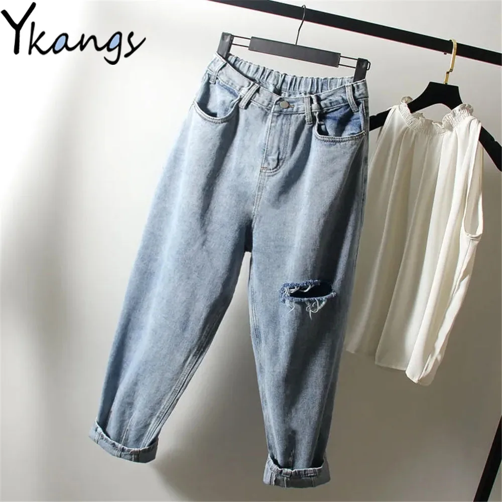 

Big Size Ripped Hole Hippie Back Elastic Band Women Harem Jeans Loose Hip Hop Streetwear Denim Pants Korean Harajuku Trousers