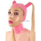 Латексная Маска Woemn ручной работы, розовый и прозрачный каучуковый капюшон с двумя косами, молния сзади, косплей, костюм