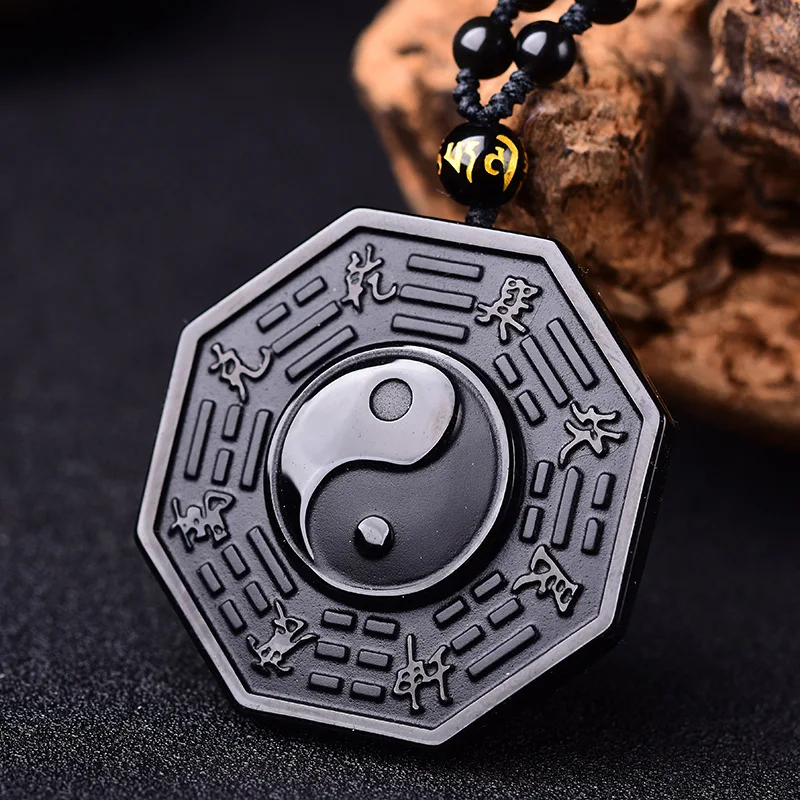 

Natural black Obsidian Crystal YingYang gossip plate Pendant with Bead Chain great gift necklace