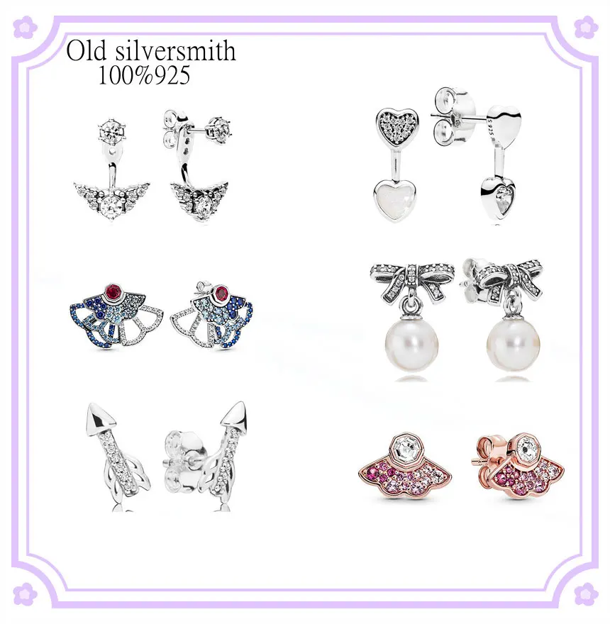 

2021 authentic 925 sterling silver fan stud earrings with sparkling crystal floral heart earrings for women's earrings jewelry