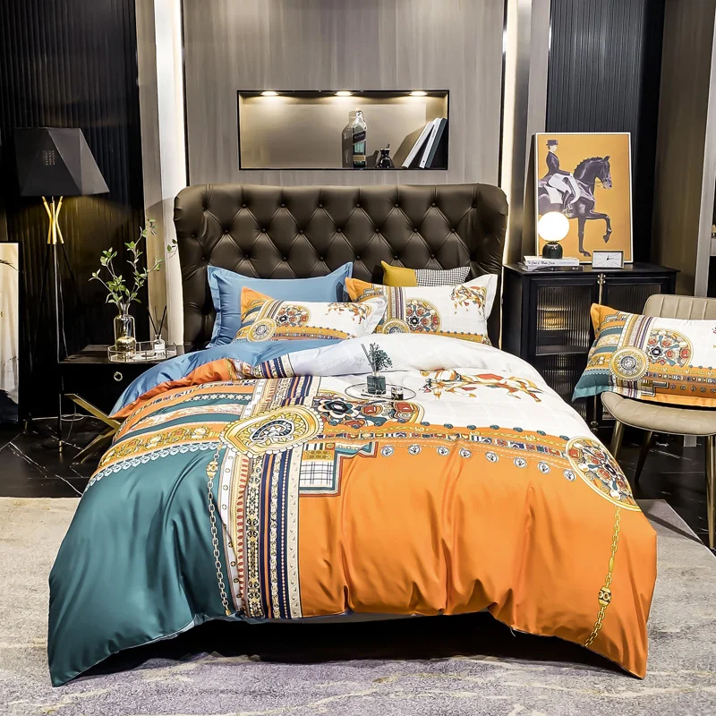 

Luxurious 4pcs Bedding Sets Tropical Printing 60s Washed Tencel Queen King Size Duvet Cover Bed Linen Silk Sheet Pillowcase