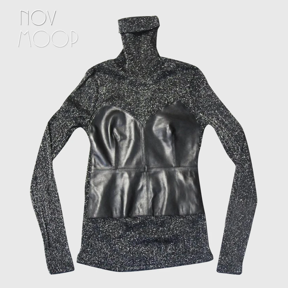 Novmoop русская Мода Стиль Серебряный люрекс сплайсинга с высоким воротником овчины