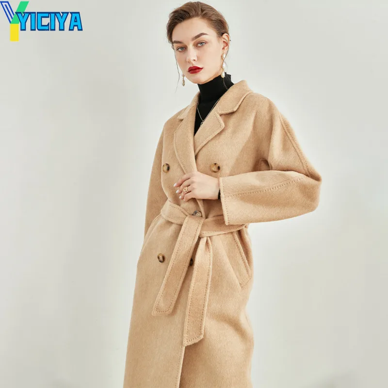 

YICIYA Max Women Wool Long Cashmere Coat Elegant Solid Lapel Sheepskin Coat With Belt Jacket Vintage Office Lady Female Overcoat