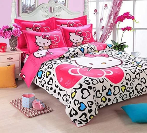 as picture Лучший. WENSD роскошный 3d постельное белье из хлопка с рисунком «hello kitty» 3/4 шт., простыня, пододеяльник, со шнурком, комплекты «king», «queen» Детская мультяшная одежда - Цвет: as picture