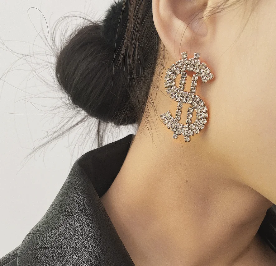 

New Unique Dollar Crystal Earrings Long Drops for Women Fashion Money Dangle Statement Earrings Shiny Rhinestone Jewelry Gifts