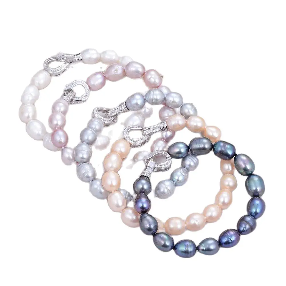 GG Jewelry 8' 10x12mm Pink White Gray Black Purple Rice Natural Pearl Bracelet Handmade For Women