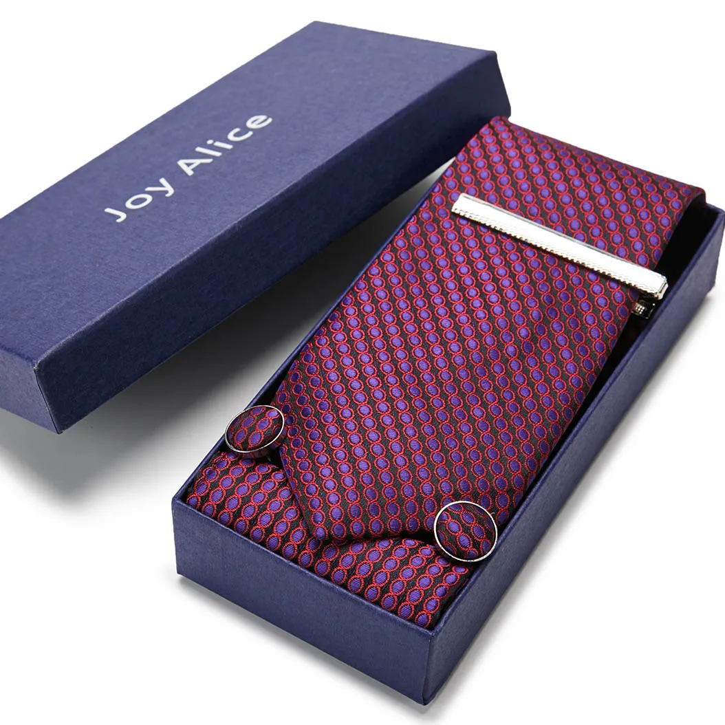 

Hot sale Wholesale Nice Handmade High Quality 7.5 cm Woven Tie Handkerchief Cufflink Set Necktie Box Man's Dark Red Easter Day