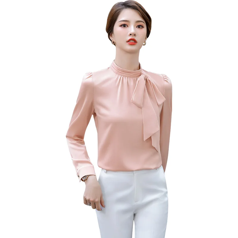 

Lenshin High-quality Smooth and Soft O-neck Shirt for Women Bow Blouse Casual Tops Full Sleeve Office Lady Work Wear