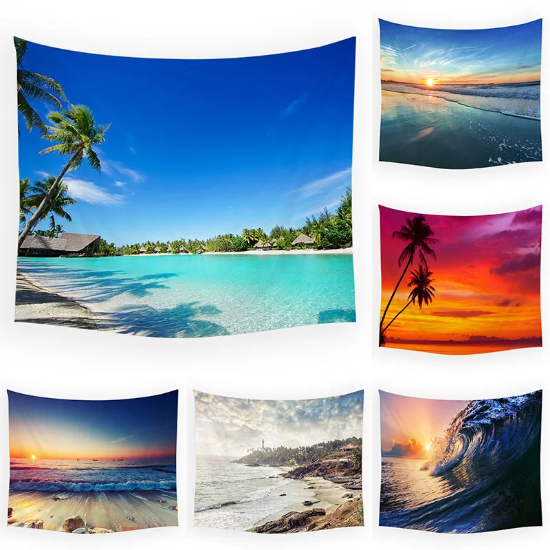 

Seaside Beach Waves Scenery Coconut Tree Sunset Sunrise Pattern Tapestry Living Room Background Bedroom Art Wall Blanket 95x73cm