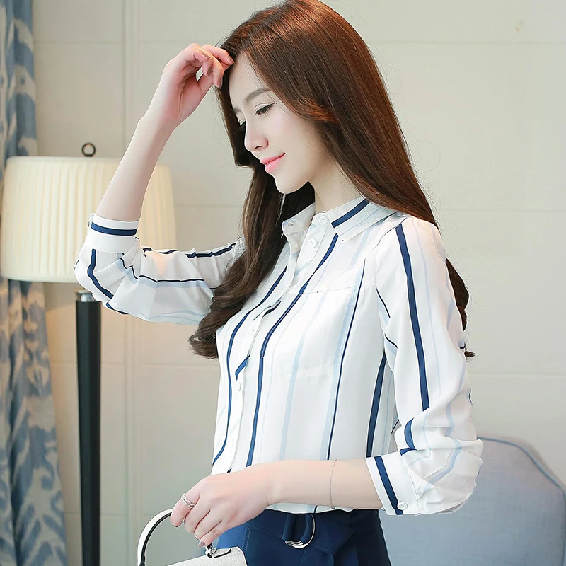 Корейская мода шифоновые женские блузки осенние полосатые белые рубашки размера