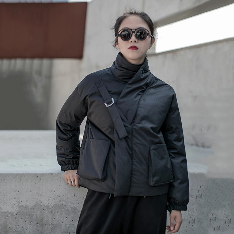 

[] Black Warm Buckle Cotton-padded Coat Long Sleeve Loose Fit Women Parkas Fashion Tide New utumn Winter 2020 AS076