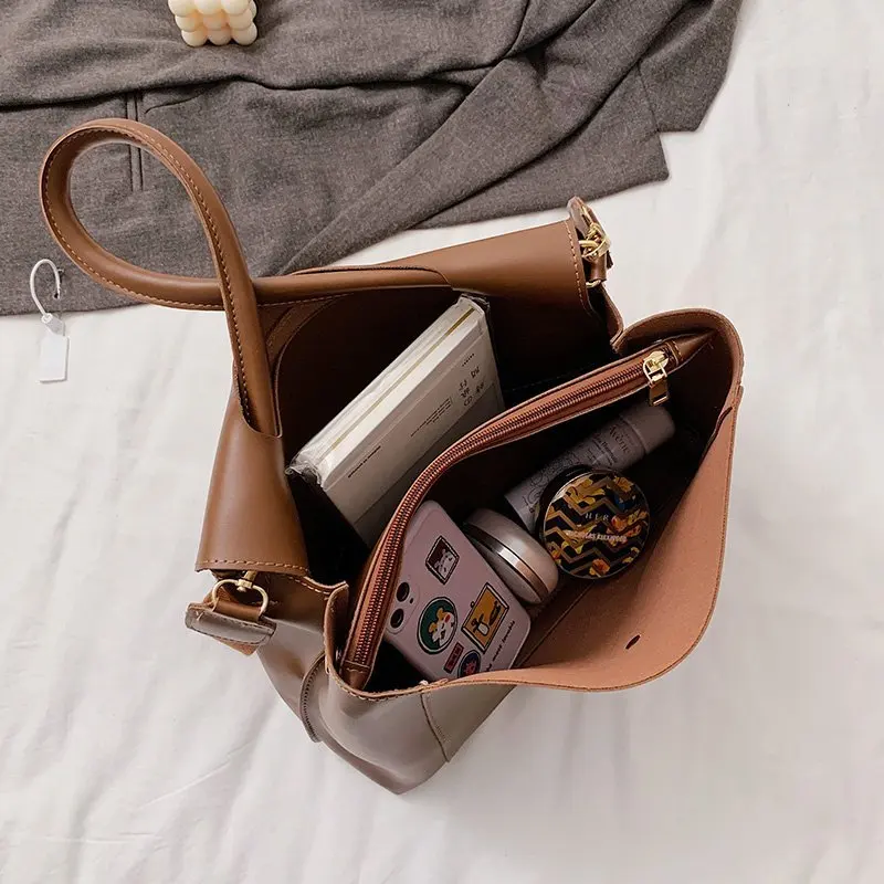 

Female Bag Large Capacity Solid Color Handbags 2021 New Fashion Lady Shoulder Underarm Bag PU Leather Women Shopper Bags 2 Sets