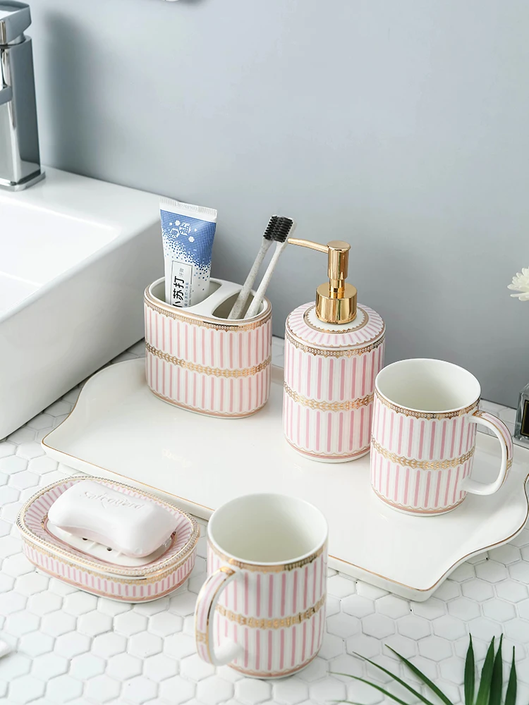 

Nordic Bathroom Supplies Creative Striped Ceramic Toothbrush Holder Soap Dispenser Bathroom Decoration Accessories Wedding Gift