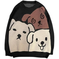 black sweater 2021 autumn winter vintage oversized knitted pullover korean fashion cartoon dog pattern designer men clothes coat