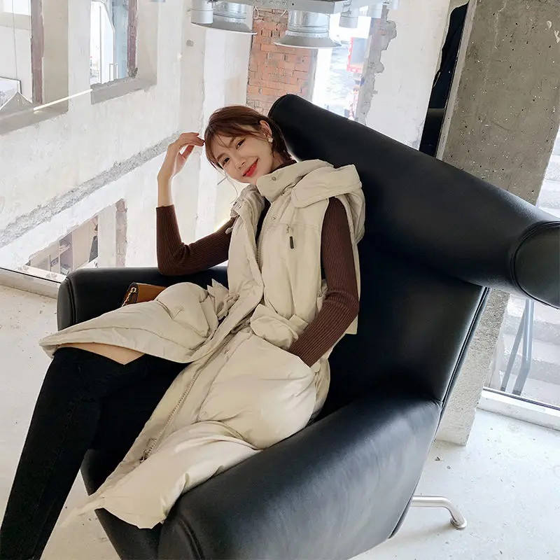 Женский Длинный пуховый жилет без рукавов теплая куртка с капюшоном в Корейском