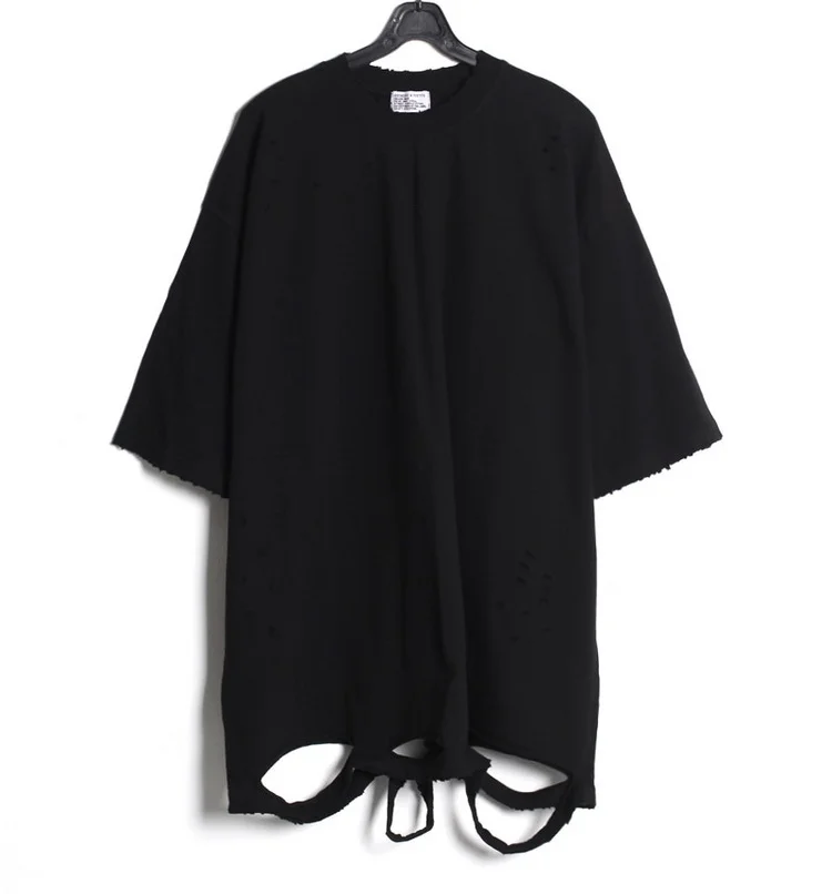 

European and American high street trendy men's Retro simple solid color perforated hem round neck short sleeve T-shirt loose hip