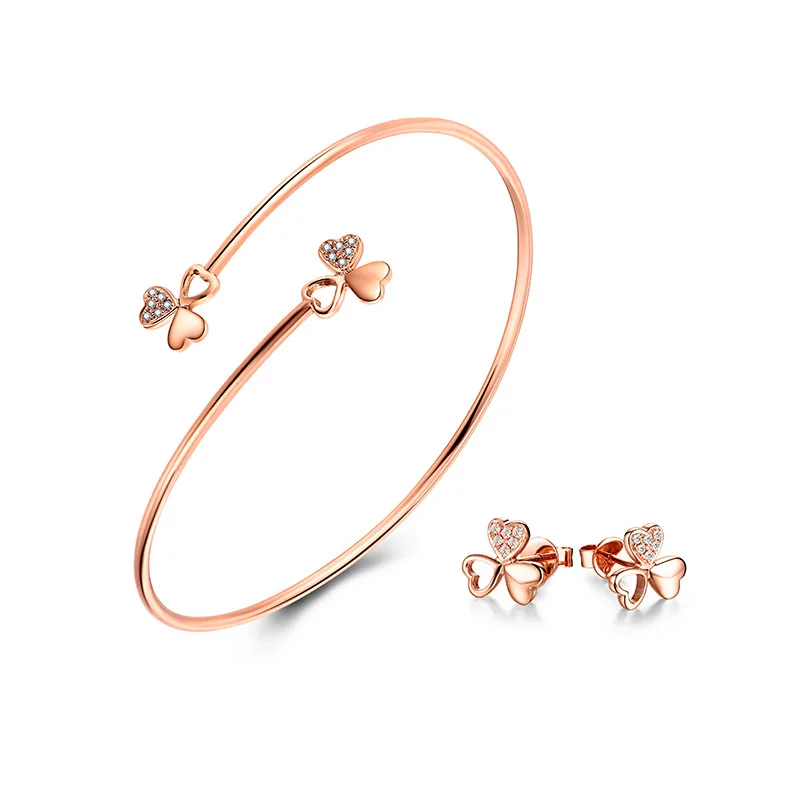 

Exiquisite 18K Rose Gold Clover Diamond Earrings Bracelet Jewelry Set for Women Female Girl Bride Upscale Fancy Wedding Jewelry
