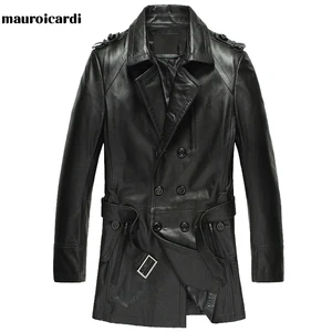 Imported Mauroicardi Autumn Black Pu Leather Trench Coat for Women Long Sleeve Double Breasted Elegant Luxury