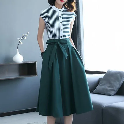 

2021 Summer New Business Temperament Suit Women Striped Stitching Sleeveless Shirt Loose Plus Size Two-Piece Skirt Office Lady