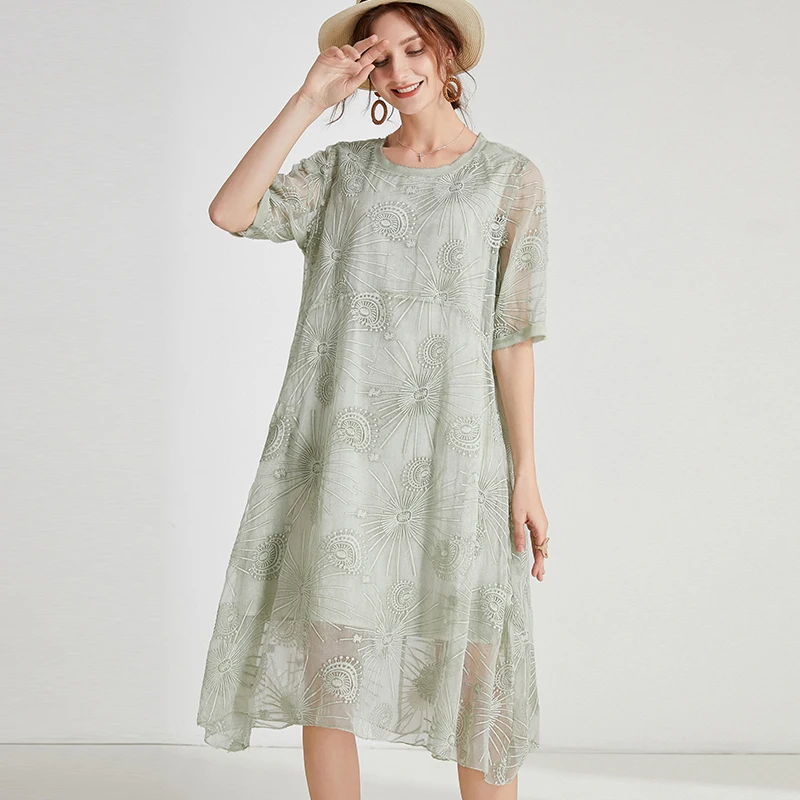 

Woman Chiffon Beach Dress 2021 Summer Plus Size Embroidery P Casual Chiffon Loose Dresses Oversized Female Bohemian Dress 4XL