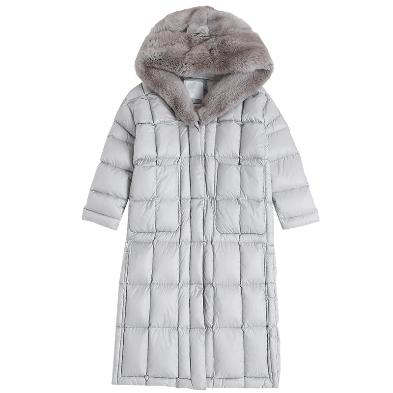 

Big Real rabbit fur coats fluffy down coats female winter fashion fur hooded coats very soft thicker warm down coat F2323