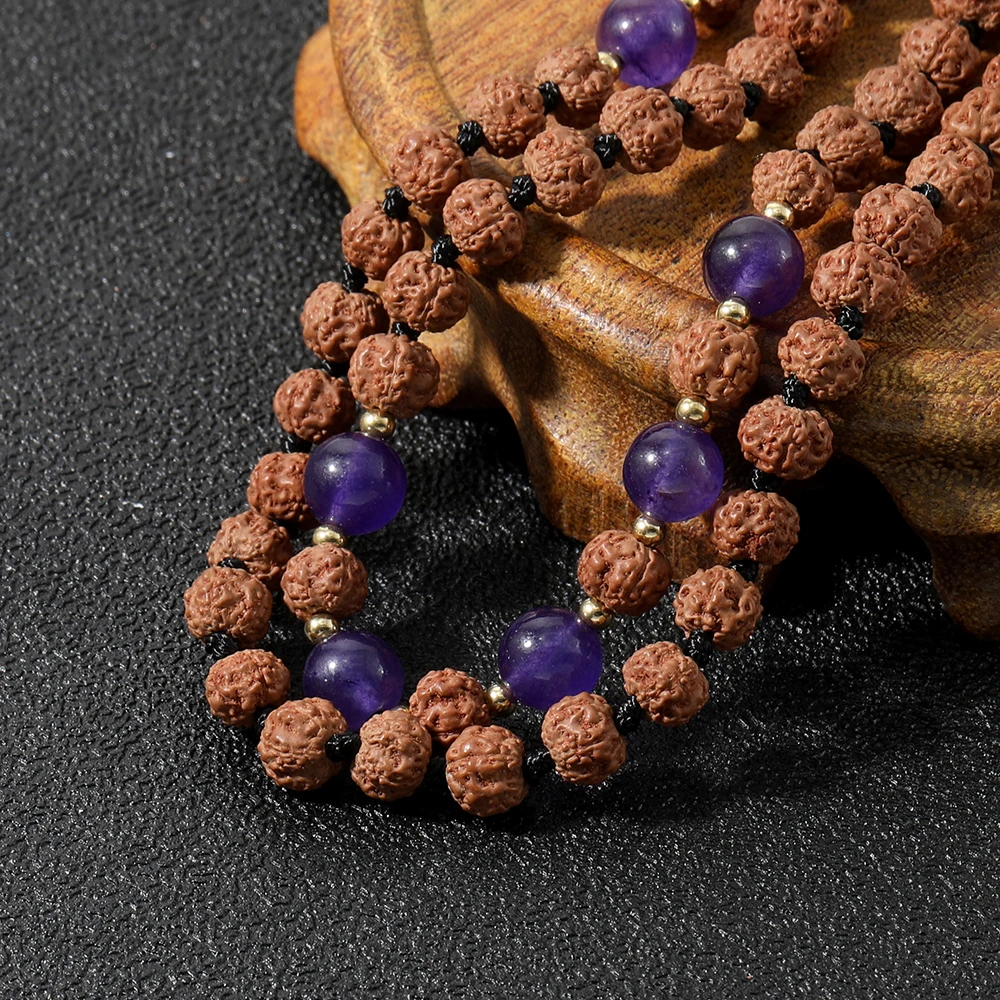 

OAIITE Long Rudraksha Necklace Women 108 Unique 8MM Natural Stone Meditation Necklace Knotted Bead Yoga Prayer Mala Necklace