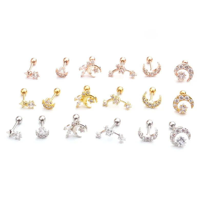 

1PC Gold Silver Color Crystal Stud Piercing Moon Star Earring Conch Tragus Stud Helix Cartilage Body Piercing Jewelry