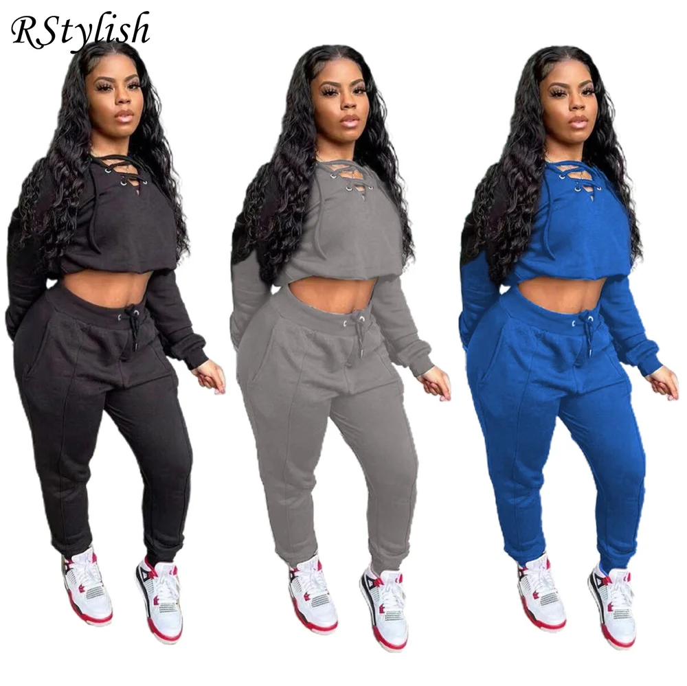 

RStylish Casual Solid Color Women Two Piece Set Long Sleeve Lace Up Crop Top Sweatpants Tracksuit Fall Winter Outfits