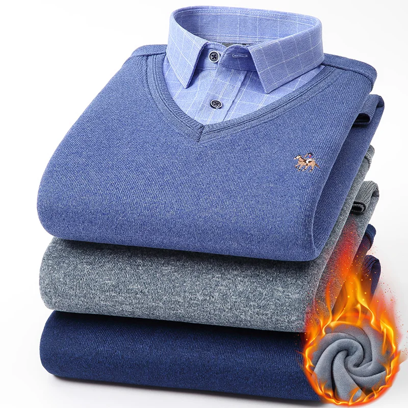 

Men Fake Two Pieces Shirt Autumn Winter Male Long Sleeve Flannel Shirt Thicken Plus Velvet Casual Flannel Warm Man Dress Shirt